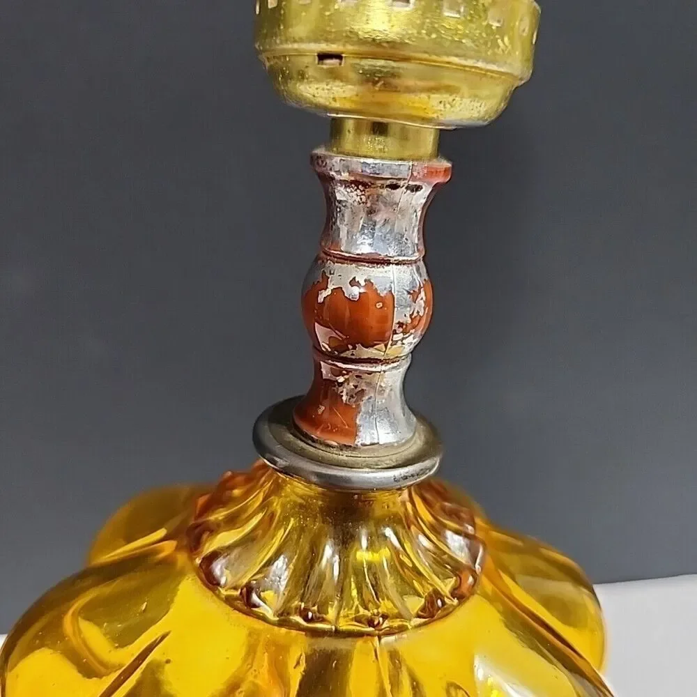 VTG Accent Table Lamp Amber Convex Bubble Glass, Wooden Base, Wood & Brass 12.5